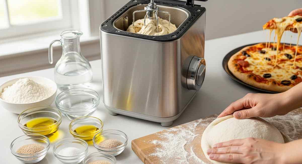 Easy and Delicious Bread Machine Pizza Dough Recipe – Fresh homemade pizza crust with flour, yeast, olive oil, and cheese, made effortlessly in a bread maker.
