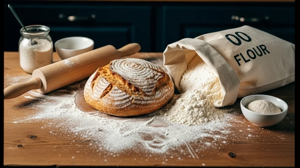 Freshly-baked-round-bread-on-a-wooden-table-with-spilled-flour-rolling-pin-and-kitchen-utensils-in-the-background.