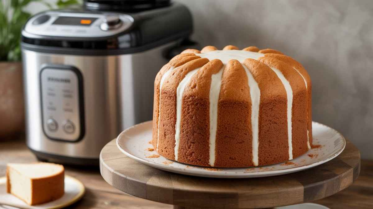 Soft and fluffy cake in bread maker shown with icing – 7 tips for perfect cake in bread maker.
