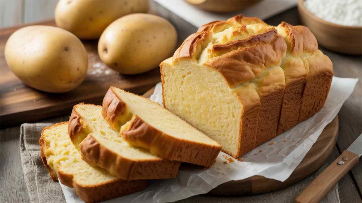 Soft and fluffy potato bread recipe loaf with golden crust and fresh slices, made with simple ingredients like potatoes and flour.