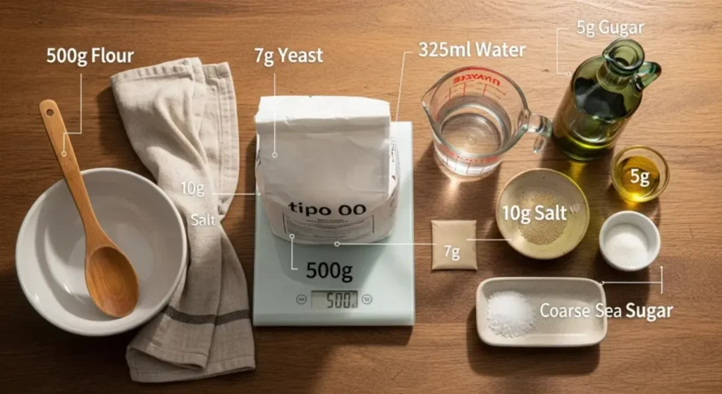 Bread-making ingredients displayed on a table, including flour, yeast, water, olive oil, sugar, and salt with labeled quantities.