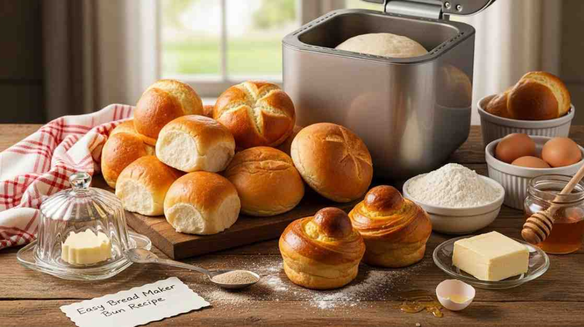 A delicious Easy Bread Maker Bun Recipe setup showing soft golden buns, dough rising in a bread maker, and fresh ingredients like flour, eggs, butter, and honey arranged beautifully on a wooden table a perfect, ready-in-5-minutes homemade bread experience.