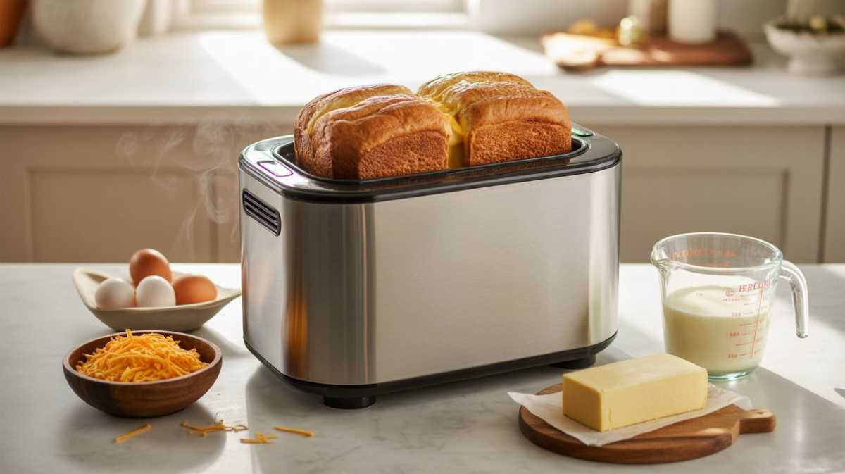 Cheese Bread Maker in action with fresh golden cheese bread slices, eggs, butter, milk, and grated cheese ingredients displayed on a clean kitchen counter.