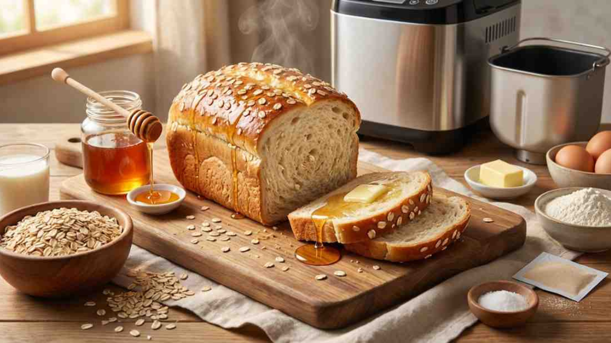 Fresh loaf of honey oat bread on a wooden board with oats, honey, and a bread machine in the background Honey Oat Bread Maker Recipe.