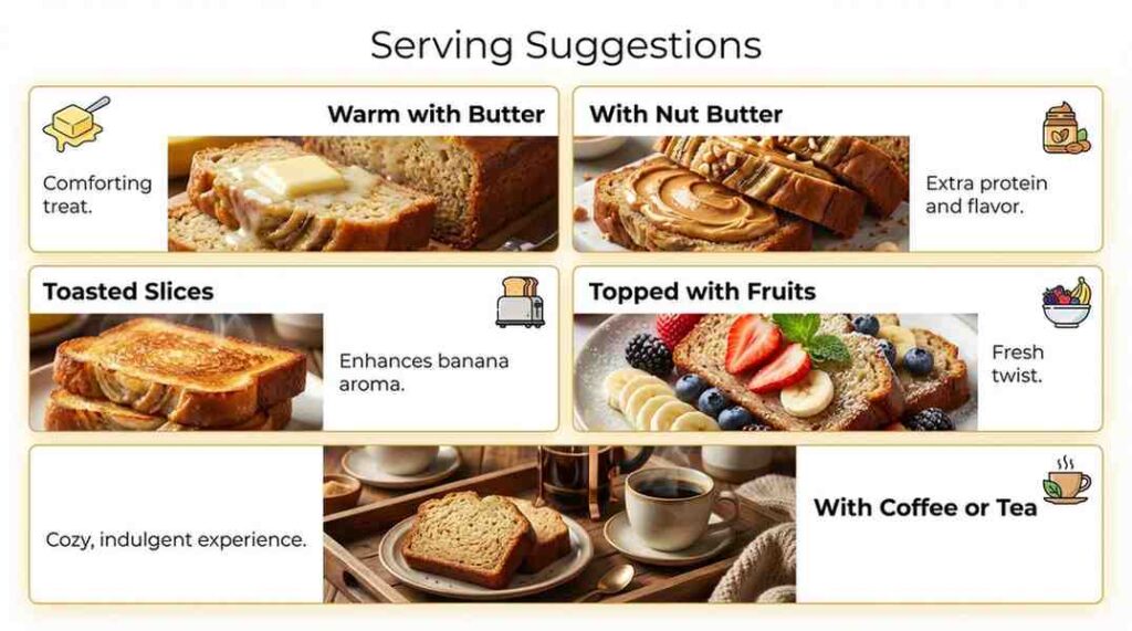 serving suggestions: warm slices with butter, nut butter for extra protein, toasted slices to enhance aroma, topped with fresh fruits, or enjoyed with coffee or tea for a cozy treat. banana bread recipe without eggs. 