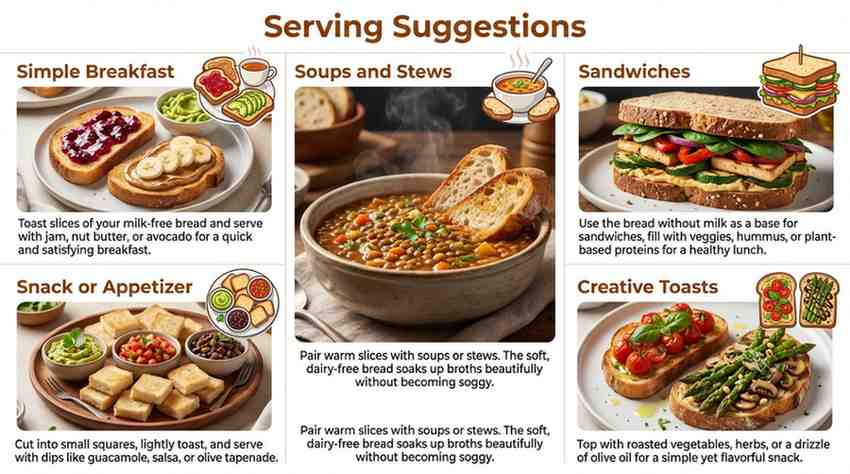 Infographic titled "Serving Suggestions" for milk-free/dairy-free bread, showing five ideas: Simple Breakfast (toast with jam, nut butter, avocado), Soups and Stews (bread with lentil soup), Sandwiches (veggie and hummus sandwich), Snack or Appetizer (toasted bread cubes with dips), and Creative Toasts (topped with roasted vegetables and olive oil). bread without milk.
