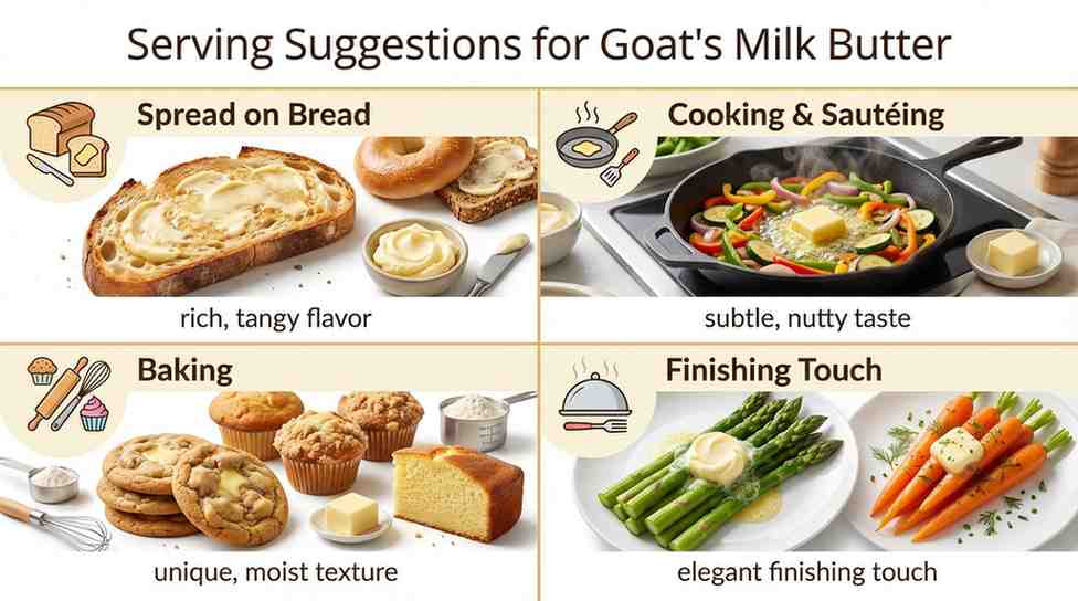 Serving suggestions for goat's milk butter: spread on bread for a rich, tangy flavor; used in cooking and sautéing for a subtle, nutty taste; in baking for unique, moist texture; and as an elegant finishing touch on vegetables.  Butter from Goat’s Milk. 