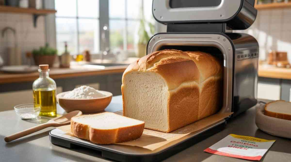 Fresh Italian Bread in Bread Maker with golden crust loaf placed on kitchen counter beside flour and olive oil.