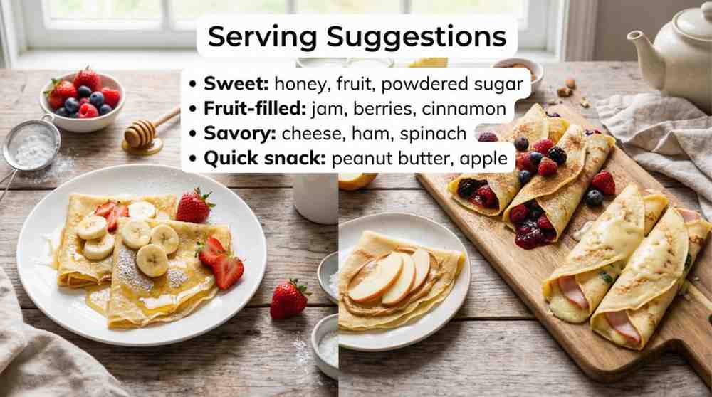 Collage of crepes without milk: sweet versions with strawberries, banana, honey, powdered sugar; savory with ham, cheese, spinach on wooden table