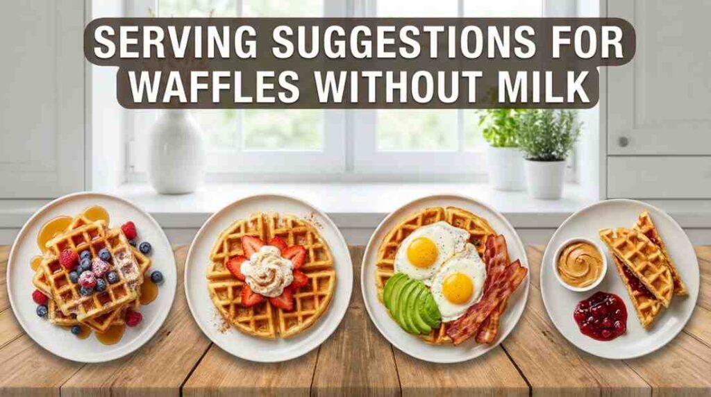 Four plates of waffles without milk: topped with berries and syrup, strawberries and cream, eggs with bacon and avocado, peanut butter and jam on wooden table