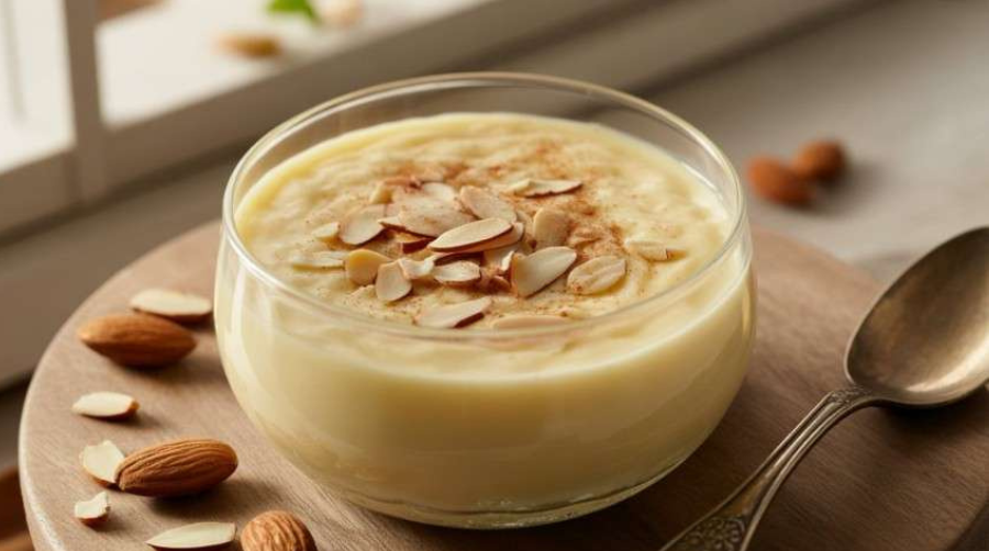 Creamy almond milk custard topped with sliced almonds in a glass bowl, smooth dairy free dessert.