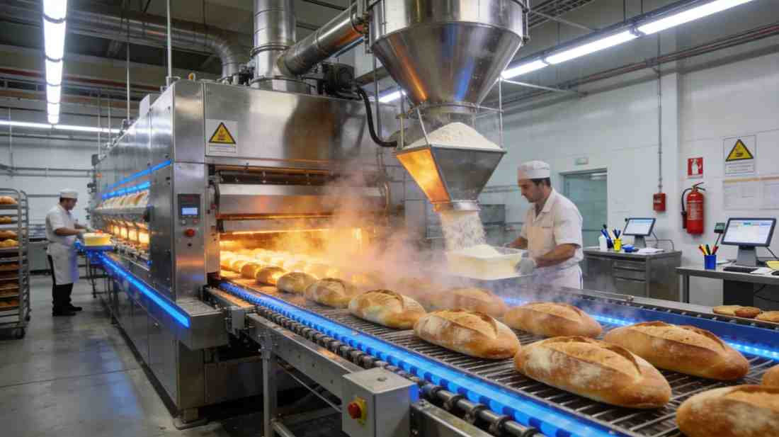 Industrial Bread Maker producing fresh bread loaves on an automated commercial bakery production line.