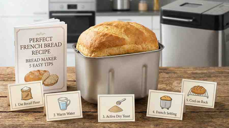 Perfect French Bread Recipe Bread Maker loaf in bread machine with step-by-step tips including bread flour, warm water, and yeast.