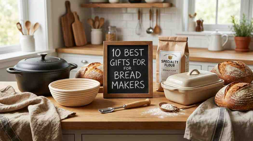 Top Gifts for Bread Makers displayed in a cozy kitchen with bread, baking tools, Dutch oven, and flour bag.