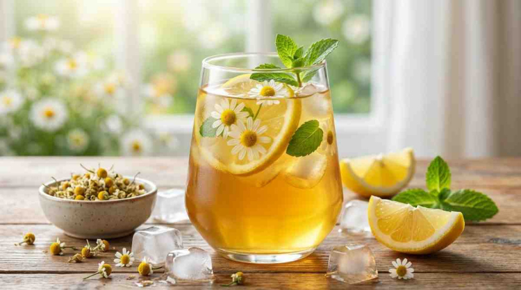 Chamomile iced tea with lemon slices, mint leaves, and ice cubes in a glass, a fresh and healthy summer drink.