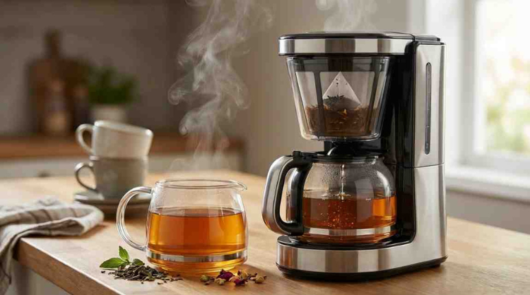 Easy 5-Min Tea in Coffee Maker a modern coffee machine brewing tea into a glass pot with steam rising, placed on a kitchen counter with a cup of tea beside it.