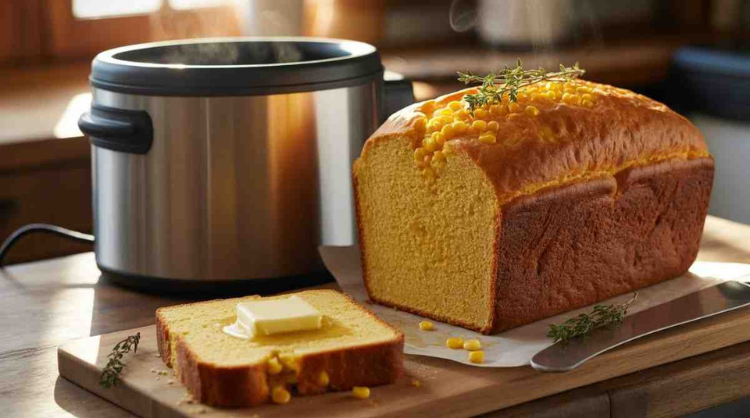 Fresh homemade Cornbread in Bread Maker Recipe with golden crust, sliced loaf, butter on top, and bread machine in background.