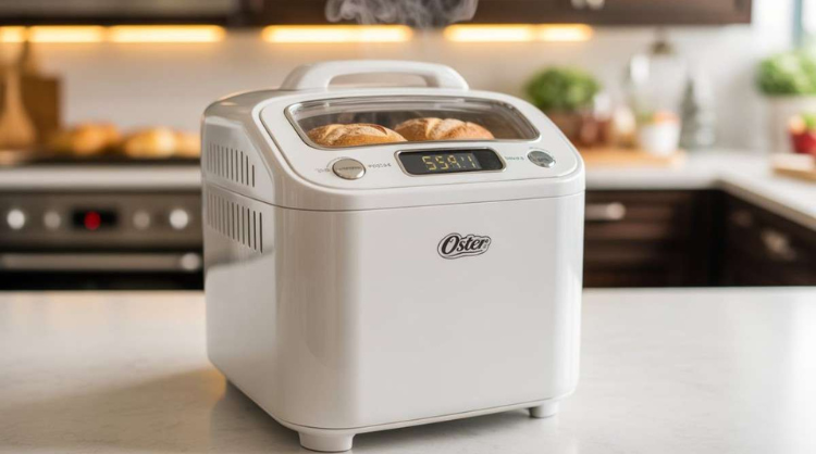 Oster Bread Maker 5834 automatic bread machine baking fresh bread on kitchen counter.