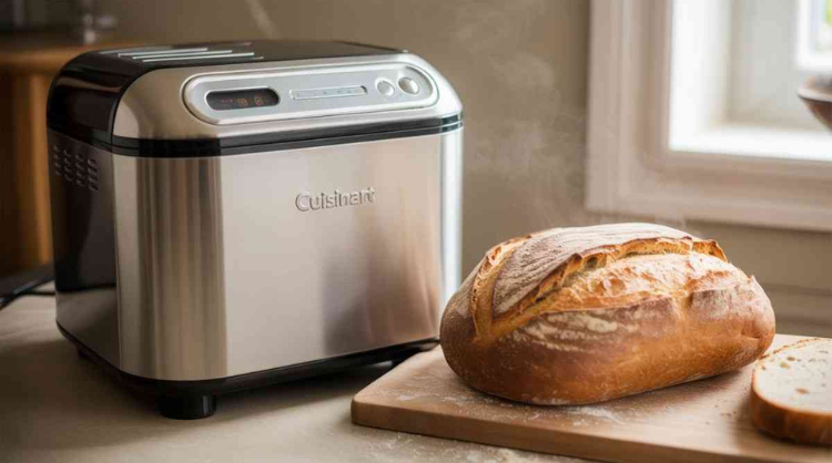 Cuisinart Bread Maker Sourdough fresh homemade loaf on wooden board with crispy crust in kitchen setting.