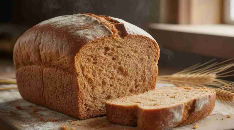 Soft brown bread fresh homemade loaf placed on a wooden board with one sliced piece in a rustic kitchen setting.